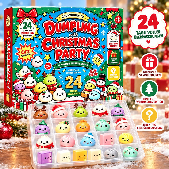 Dumpling Adventskalender mit Sortierbox vor Weihnachtsdeko