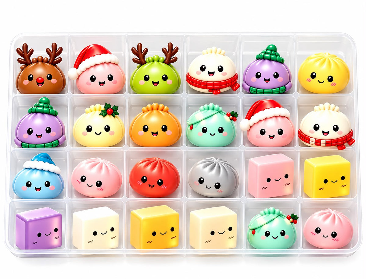 24 Squishy-Figuren des Dumpling Adventskalenders in der Sortierbox