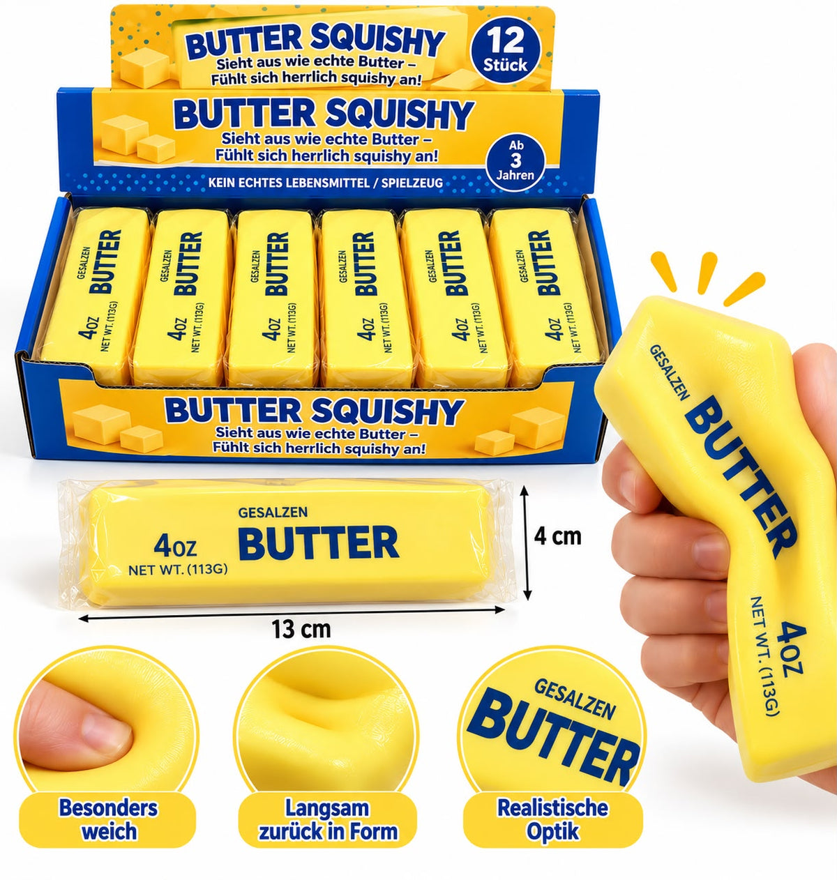 Butter Squishy mit Maßen: 13 × 4 cm