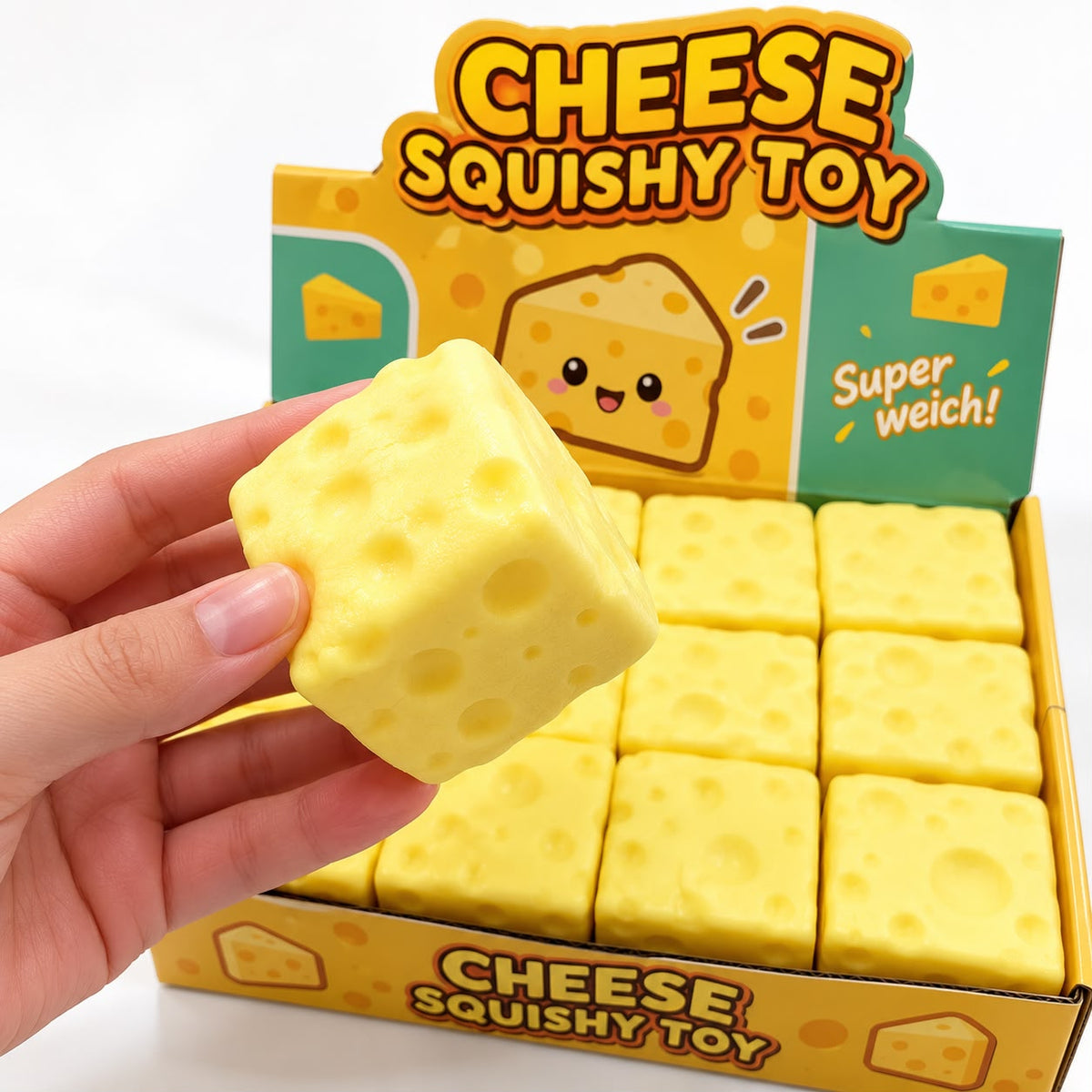 Käse-Würfel Squishy in der Hand